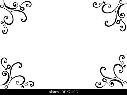 Telaio. In ogni angolo dello sfondo sono presenti motivi composti da ricci di dimensioni diverse. Colore nero e grigio. Spazio per copie bianche. Invito, cartolina, certificato. Elegante e delicato. Foto Stock