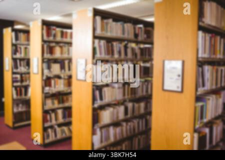 Gli scaffali in legno sono alloggiati all'interno di una libreria dal design piatto, con etichette di sezione montate Foto Stock