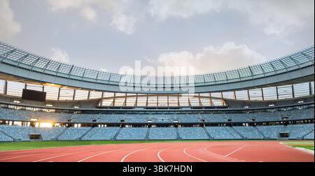 L'illustrazione dal design piatto mostra lo stadio di atletica con pista da corsa rossa e campo in erba verde Foto Stock