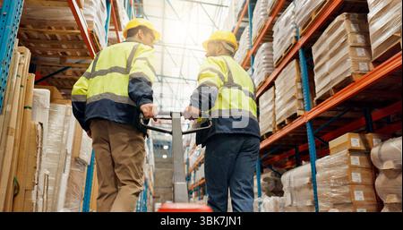Personale, appaltatore e magazzino con martinetto per pallet per il trasporto di merci, distribuzione o magazzino. Vista posteriore, team o colleghi in memoria per Foto Stock