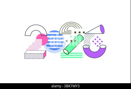 Design alla moda per l'anno nuovo 2026 con forme geometriche astratte ed elementi in stile Memphis. Ideale per biglietti di auguri, social media, poster e. Illustrazione Vettoriale