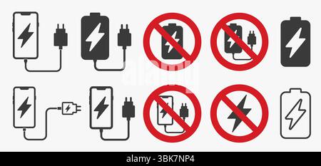 Set di icone del telefono in carica. impossibile caricare l'icona della batteria. Simbolo di ricarica assente. Logo della ricarica vietata del telefono cellulare. Immagine di illustrazione vettoriale Illustrazione Vettoriale