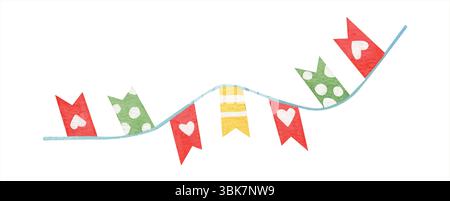 Acquerello colorato, ghirlande da festa, con bandiere decorative dalla forma triangolare isolata. Modello ad acquerello disegnato a mano di un'illustrazione festiva Illustrazione Vettoriale