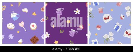 Set di tre modelli di cartoni animati con icone romantiche dolci, lecca lecca, fiori, lettere, vasetti di marmellata e regali. Piatto stile pastello su colorato b Illustrazione Vettoriale