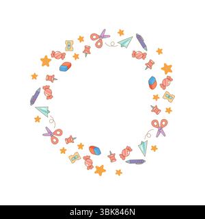 Bordo arrotondato realizzato con articoli scolastici, caramelle, stelle e cancelleria. Perfetto per progetti di design, inviti o progetti didattici. Illustrazione Vettoriale