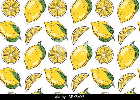 Limoni senza cuciture con frutta intera, fette e foglie in stile piatto. Sfondo di agrumi per imballaggi, arredi in cucina, tessuti o a tema estivo Illustrazione Vettoriale