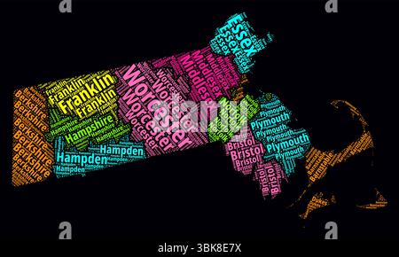Cloud Word del Massachusetts. Design luminoso in stile neon su sfondo scuro. Fumetto di testo nomi regione. Forma di delimitazione con divisione amministrativa. Illustrazione Vettoriale