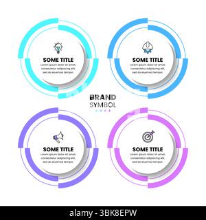 Modello infografico con icone e 4 opzioni o passaggi. Cerchi. Può essere utilizzato per layout del flusso di lavoro, banner, diagrammi, webdesign. Illustrazione vettoriale Illustrazione Vettoriale