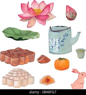Elementi asiatici per il festival degli acquerelli di metà autunno. Cultura vietnamita, cinese e coreana: Torte lunari, tè e tazza, fiori di loto, simpatico coniglio. Illustrazione Vettoriale