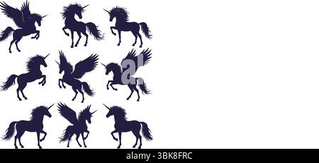 Set di silhouette Unicorn e Pegasus. Collezione vettoriale di cavalli mitici, tra cui unicorni alati, in varie pose. Fantasia e creatura magica Illustrazione Vettoriale