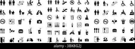 Raccolta completa di icone dello spazio pubblico e delle informazioni. Il set include glifi per servizi igienici, ascensore, scala mobile, area ristoro, accessibilità, Illustrazione Vettoriale