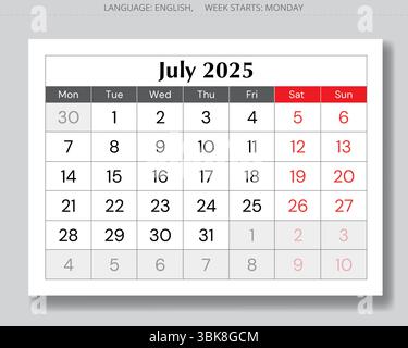 calendario di luglio 2025. Pagina mensile inglese vettoriale. Design con inizio lunedì Illustrazione Vettoriale