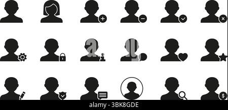 Set di icone Gestione profili utente. Interazione utente, Impostazioni account e controllo della privacy silhouette Symbol Collection. Include Aggiungi, Rimuovi, Modifica Illustrazione Vettoriale