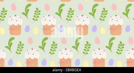 Uova di Pasqua dipinte, torta di Pasqua cosparsa di ramoscelli verdi e festeggiamenti di Pasqua senza cuciture. Illustrazione vettoriale isolata biglietti di auguri carte tematiche sfondo per festività o idea di sfondo Illustrazione Vettoriale