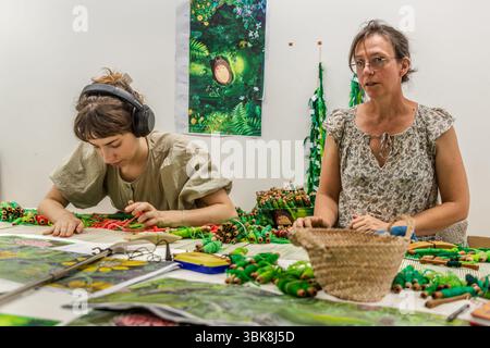 I tessitori della Cité internationale de la tapisserie di Aubusson stanno lavorando su un motivo dell'artista giapponese Hayao Miyazaki, "My Neighbour Totoro". Il motivo è costituito da 200 tonalità di verde. L'arazzo alla fine misurerà 31 metri quadrati. Rue Williams Dumazet, Aubusson, Nouvelle-Aquitaine, Francia Foto Stock