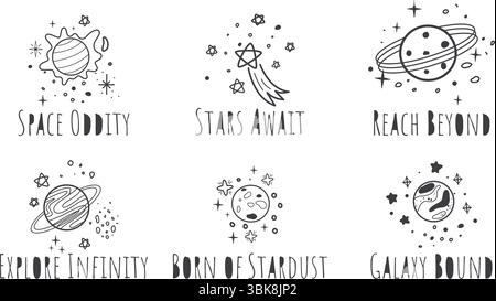 Serie di semplici illustrazioni con scritte a tema spaziale. Comete, stelle, pianeti, polvere di stelle e simpatici detti, elementi vettoriali. Stampa per maglietta, libro Illustrazione Vettoriale