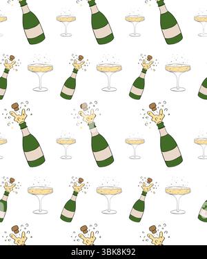 Bicchieri di bottiglie di champagne e scintillanti motivo senza cuciture. Illustrazione dell'inchiostro con linee grafiche vettoriali. stampa natalizia in un'illustrazione in stile schizzo per la confezione Illustrazione Vettoriale