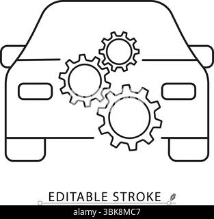 Icona del servizio auto in stile minimalista con tratto modificabile. Veicolo con ingranaggi, simbolo della manutenzione automatica, riparazione tecnica, diagnostica meccanica Illustrazione Vettoriale