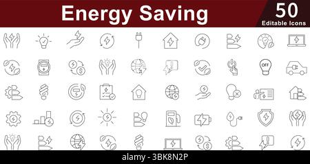 Set icone risparmio energetico - 50 icone di energia verde modificabili per la raccolta di vettori per sostenibilità, ecocompatibilità e conservazione ambientale Illustrazione Vettoriale