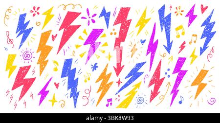 Fulmini disegnati a mano in pastello dai colori vivaci, accompagnati da stelle e note musicali, ideali per opere d'arte e design. L'illustrazione vettoriale testurizzata è Illustrazione Vettoriale