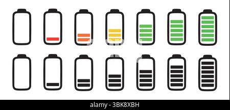 Set di icone della batteria a colori e con silhouette nera che mostrano diversi livelli di carica da vuoto a pieno. Concetto di indicatore del livello di carica della batteria Illustrazione Vettoriale
