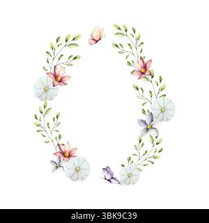 Fiori primaverili e rami con foglie, ghirlanda di farfalle, telaio. Logo acquerello con gerbera, camomilla, echinacea. Arte di fiori selvatici disegnata a mano Foto Stock