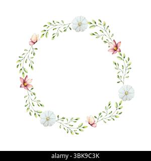 Fiori primaverili e rami con foglie, ghirlanda di farfalle, telaio. Logo acquerello con gerbera, camomilla, echinacea. Arte di fiori selvatici disegnata a mano Foto Stock