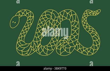 Silhouette di serpente in legno verde a forma di 2025 con ornamento trasparente dorato. Simbolo animale del capodanno cinese. Illustrazione Vettoriale