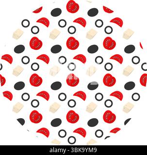 Cubi disegnati a mano formaggio Olive di pomodoro a fette frutta e anelli motivo senza cuciture su sfondo circolare. Illustrazione vettore isolato temi alimentari o schede menu sfondo banner, opuscoli, etichette, etichetta dei prezzi Illustrazione Vettoriale