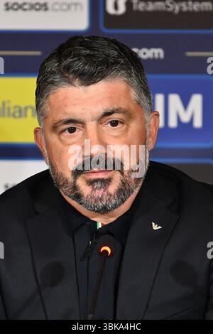 Gennaro Gattuso durante la conferenza stampa per presentare il nuovo pullman Italia all'Hotel Parco dei principi il 19 giugno 2025 a Roma. Foto Stock