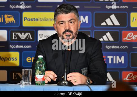 Gennaro Gattuso durante la conferenza stampa per presentare il nuovo pullman Italia all'Hotel Parco dei principi il 19 giugno 2025 a Roma. Foto Stock
