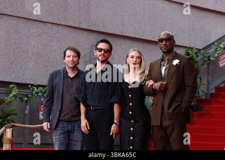 Gareth Edwards, Jonathan Bailey, Scarlett Johansson, Mahershala Ali partecipa alla prima tedesca di Jurassic World Rebirth, Zoo Palast Foto Stock