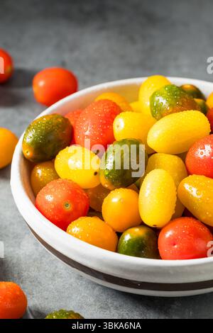 Pomodori ciliegini crudi biologici in ciotola Foto Stock