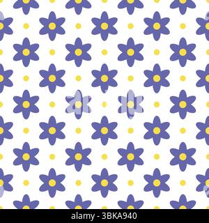Motivo senza cuciture con fiori lilla con centri gialli su sfondo bianco in stile cartoni animati piatto. Illustrazione vettoriale Illustrazione Vettoriale