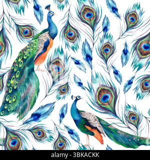 Motivo senza cuciture pavone e piume. Illustrazione ad acquerello disegnata a mano su sfondo bianco. Ornamenti indiani, giapponesi, cinesi per le feste con Be Foto Stock