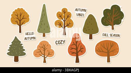 Elementi autunnali, collezione di alberi autunnali, set accogliente in autunno Illustrazione Vettoriale