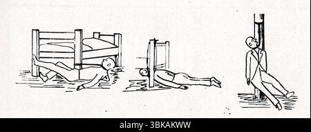 Un disegno di linea non attribuito che mostra tre diversi metodi di suicidio per impiccagione. Da un esempio stampato pubblicato presso il quartier generale della polizia nigeriana a Lagos, in Nigeria Police Magazine, 1948-1950. Foto Stock