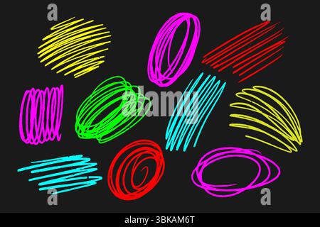 Collezione di semplici scarabocchi a matita colorati disegnati a mano su sfondo nero, tratti disordinati e linee per sfondi creativi, texture o artisti Illustrazione Vettoriale