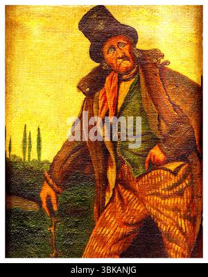 Un dipinto del XVIII secolo di un gentiluomo contadino dello Yorkshire in tuta e cappello con mantello e bastone da passeggio. Il personaggio conosciuto come Old Drollyhole, alias Old Droll Leo, fu dipinto mentre tornava a casa da Whitby Market nelle brughiere, quando si rese conto che il suo orologio da tasca era stato rubato. Fu dipinto nel XVIII o all'inizio del XIX secolo da George Harker. Foto Stock