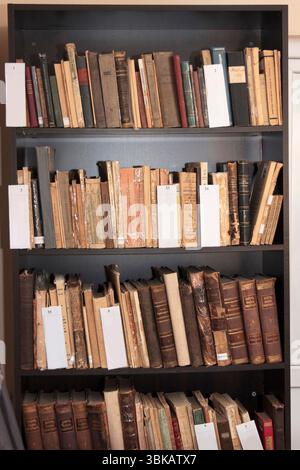 CHISINAU, MOLDAVIA - 14 MARZO 2025; file di vecchi libri antichi su scaffali di legno scuro, stile realistico, background della biblioteca, concetto di conoscenza, His Foto Stock