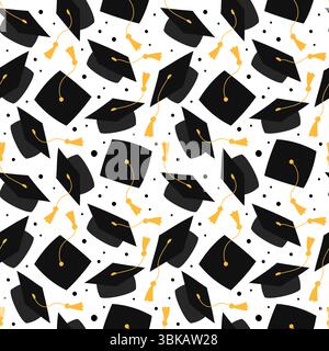 Motivo graduato, sfondo vettoriale senza cuciture. Tappi Grad in aria. Cappelli accademici quadrati, tabelloni. Scuola superiore, college, simboli dei laureati dell'accademia Illustrazione Vettoriale