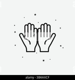 Mani di preghiera con stelle sparse su sfondo chiaro, che rappresentano preghiera, fede o Spiritualità, icona contorno bianco Illustrazione Vettoriale