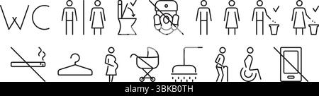Set di icone di traccia modificabile linea nera per servizi igienici pubblici, segni vettoriali lineari per WC, toilette, bagno. Raccolta di pittogrammi monocromatici del contorno per Illustrazione Vettoriale