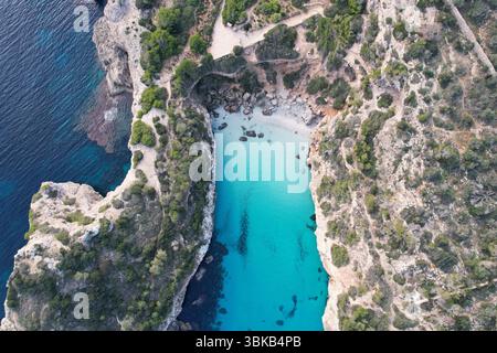 Vista aerea, baia turchese, scogliere di pini, splendida antenna di Caló des Moro, Maiorca, dove le acque turchesi si incontrano con scogliere rocciose e pini. Un medi Foto Stock