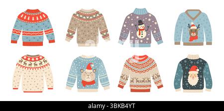 Maglione da festa natalizio con renne, fiocchi di neve, Babbo Natale e pupazzi di neve che mostrano gioia stagionale. Set di abiti natalizi vettoriali per feste, feste a tema, feste allegre Illustrazione Vettoriale