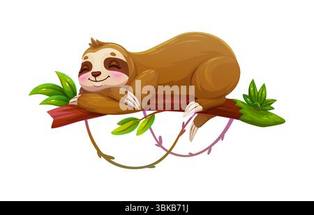 Cartoni animati pigri animali che dormono sul ramo dell'albero, carino personaggio vettoriale. Dormi o pisolini sul ramo degli alberi con foglie di liana, animale esotico tropicale con sonnolente faccia felice della museruola Illustrazione Vettoriale