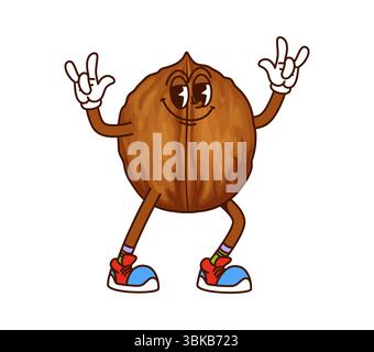 Il personaggio dei cartoni animati noci e semi di noce crea una posa vivace con un sorriso allegro e un gesto di roccia giocoso che trasuda fiducia e fascino. La personalità del cibo retrò vettoriale isolato promuove un'alimentazione sana Illustrazione Vettoriale