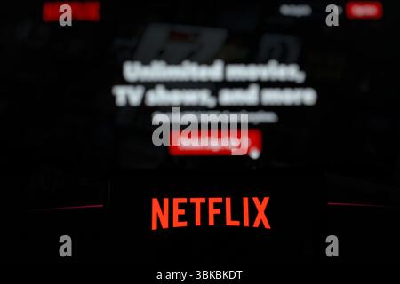 Logo Netflix visualizzato sullo schermo dello smartphone. Con il sito web Netflix in background. Indonesia - 31 agosto 2024 Foto Stock
