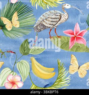 Fiori di plumeria rosa, foglie, uccello ibis, farfalla, banana, acquerello pepe senza cuciture. Dipinto a mano per il marchio spa, tropicale Foto Stock