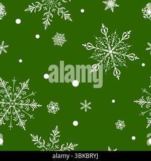 Motivo natalizio senza cuciture con fiocchi di neve grandi e piccoli in vari disegni e piccoli cerchi, bianco su sfondo verde. Illustrazione Vettoriale